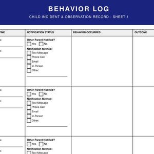 Könnte beinhalten: Ein Verhaltensprotokollblatt mit einer dunkelblauen Kopfzeile mit der Aufschrift "BEHAVIOR LOG" und "CHILD INCIDENT & OBSERVATION RECORD - SHEET 1". Das Formular enthält Abschnitte für Kinderinformationen, Benachrichtigungsstatus, Verhaltensdetails und Ergebnisse.