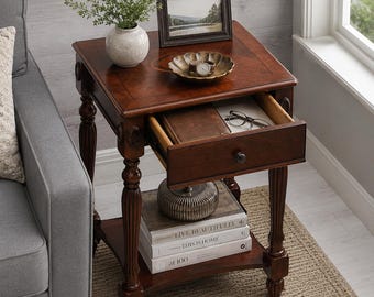 Solid Wood Victorian Side Table with Drawer, Vintage Nightstand, Cherry Walnut