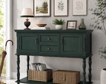 Retro Green Console Table, 2 Drawers, 2 Cabinets, Entryway Storage Shelf