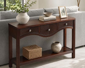 52 Inch Fluted Wood Console Table with 3 Drawers, Narrow Retro Entryway Table, Espresso