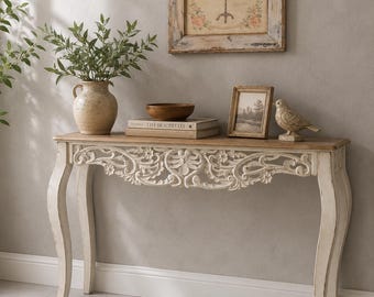43.31 Inch French Country Console Table with Carved Details, Antique White