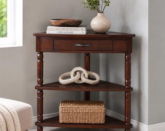 Corner Shelf Table with Drawer, 3 Tier Triangle End Table, Light Espresso