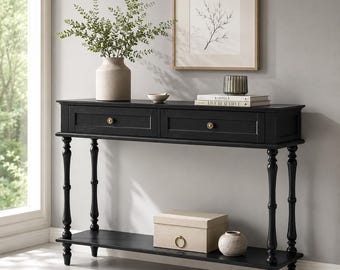 Black Retro Console with 2 Drawers and Shelf, Narrow Entryway Storage Furniture