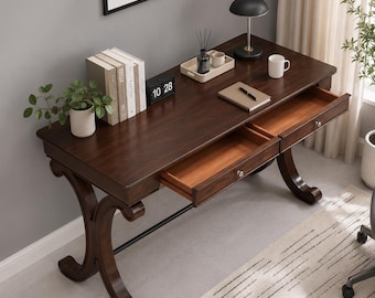 Farmhouse Oak Writing Desk, 47.2 Inch Study Table, 2 Drawers, Curved Legs