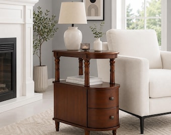 Narrow Wood End Table with 2 Drawers and Shelf, Vintage Slim Nightstand, Cherry Walnut