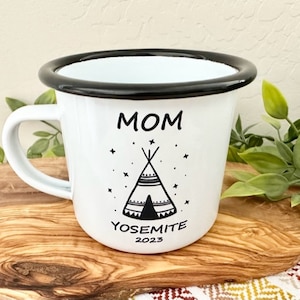 Personalized enamel camping mug, Family campfire mugs, Hiking custom coffee cup, Adventure couple, Outdoors tent, Family trip matching cups image 1