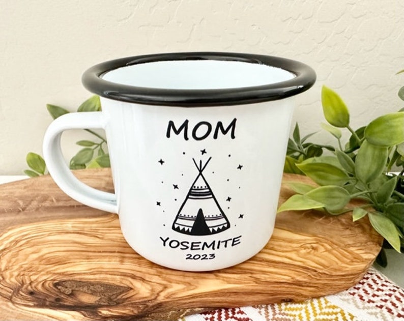 Personalized enamel camping mug, Family campfire mugs, Hiking custom coffee cup, Adventure couple, Outdoors tent, Family trip matching cups image 1