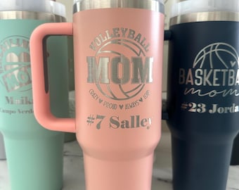 Volleyball Mom 40oz Tumbler with Handle – Custom Sports Cup, Personalized Travel Mug, Game Day Gift, Volleyball Mama Drinkware
