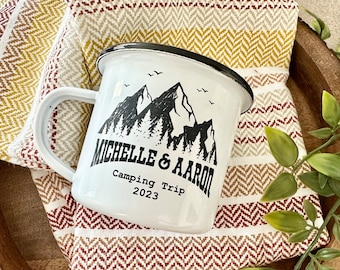 Personalized mountain camping mug, Family campfire mugs, Hiking custom coffee cup, Adventure couple, Outdoors tent, Family trip cups