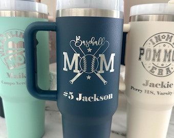 Baseball Mom 40oz Tumbler with Handle, Personalized Sports Cup, Custom Engraved Gift for Baseball Moms, Team Mom Gift, Travel Mug for Mom