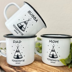 Personalized enamel camping mug, Family campfire mugs, Hiking custom coffee cup, Adventure couple, Outdoors tent, Family trip matching cups image 3