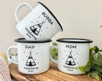 Personalized enamel camping mug, Family campfire mugs, Hiking custom coffee cup, Adventure couple, Outdoors tent, Family trip matching cups