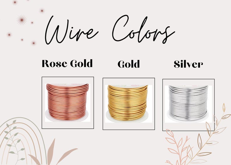 May include: Image showcasing three spools of wire in Rose Gold, Gold, and Silver. The text "Wire Colors" is displayed above the spools. The image is set against a neutral background with decorative floral elements.