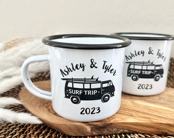 Personalized enamel camping mug, Couples surf trip mugs, Family trip custom coffee cup, Adventure RV camper, Outdoors lover gifts