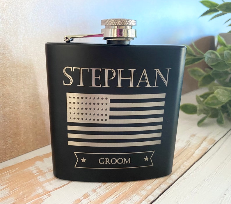 Personalized Flask For Groomsman Proposal, Fathers Day, Bachelor Party Gifts. US Flag, Gift For Dad, husband, him, Best Man Gift, Officiant image 2