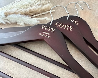 Groomsman hangers, Groom Hanger,  Groomsmen Best Man Tux Hanger, Pants Hanger, Engraved Wood, Tuxedo, Wedding Photo Prop, Custom hanger