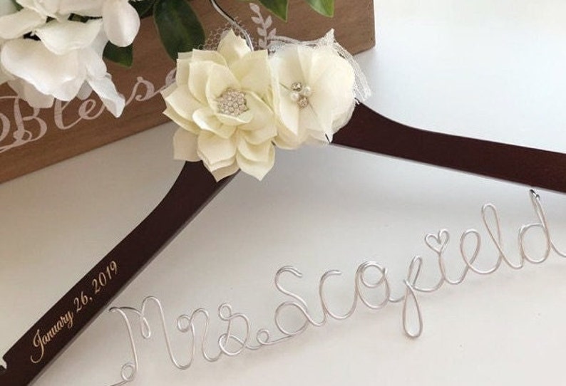 Wedding hanger, Bridal hanger, Personalized hanger, Unique engagement gift for a bride, Custom wire hanger, New last name Mrs hanger image 2