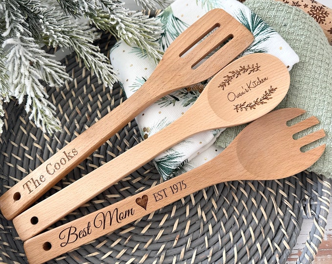 Personalized Wooden Kitchen Utensils, Custom Engraved Cooking Spoon, Spork & Spatula Set, Mother’s Day Gift, Housewarming Gift