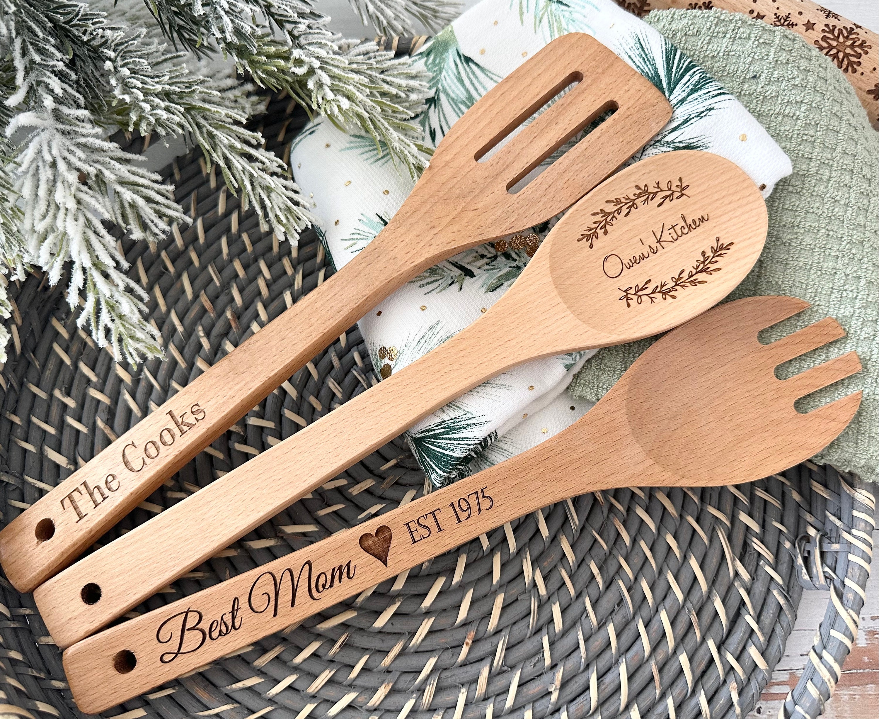 Personalized Wooden Kitchen Utensils, Custom Engraved Cooking Spoon, Spork & Spatula Set, Mother’s Day Gift, Housewarming Gift product image