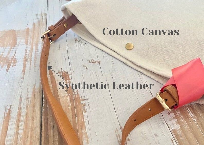 May include: A cream cotton canvas bag with a brown synthetic leather strap and gold-coloured hardware. The bag features a simple design with a flap closure and a button. The words "Cotton Canvas" and "Synthetic Leather" are visible.
