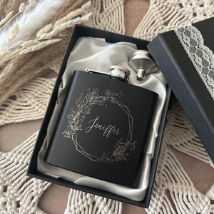 Personalized flask for women, Bride gift, Mothers day gifts, Bachelorette party, 21st birthday, Black flask for bridesmaid, Maid of honor image 1