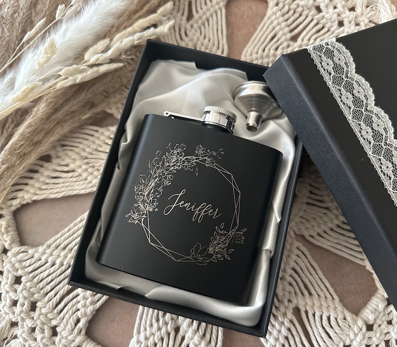 Personalized flask for women, Bride gift, Mothers day gifts, Bachelorette party, 21st birthday, Black flask for bridesmaid, Maid of honor image 1