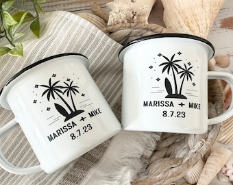 Personalized beach enamel mug, Summer adventure couple mugs, Palm tree and surfboards cup for couple, Wedding gift for elopement