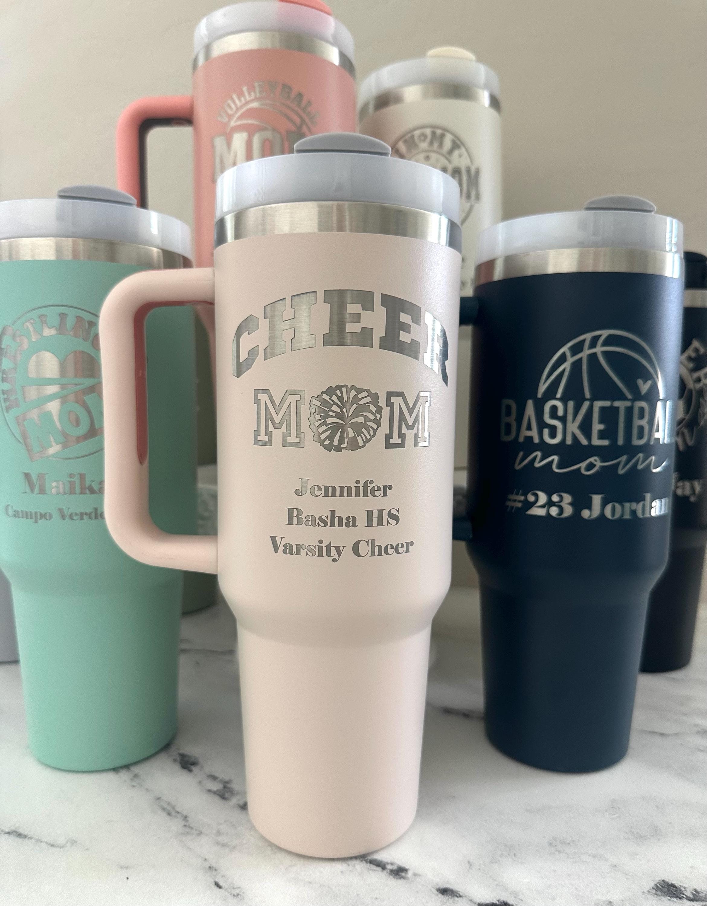 Cheer Mom 40oz Tumbler with Handle – Personalized Team Spirit Cup, Custom Name Travel Mug, Cheerleading Gift, Game Day Drinkware