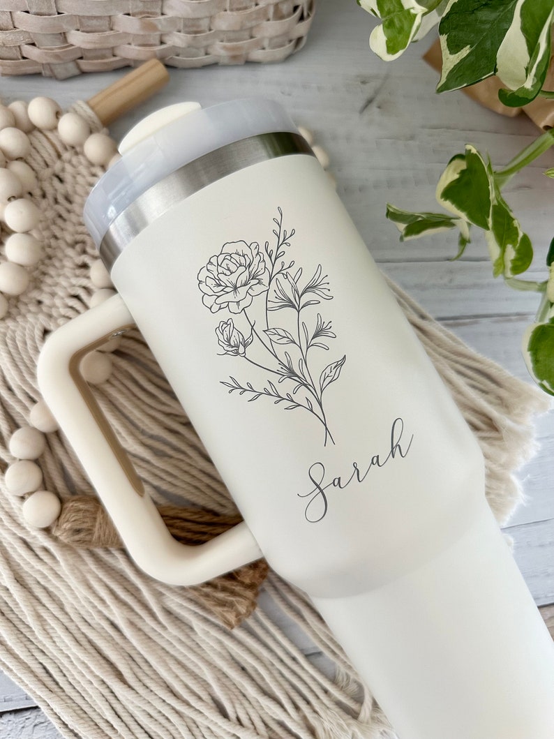 Personalized Birth Flower Tumbler With Handle Lid and Straw, Valentines day gifts, Bridesmaid Gifts, Gift for Her, Corporate Custom Logo image 5