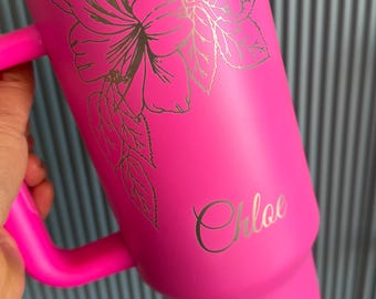 40oz Personalized Tumbler, Hibiscus Flower Cup,  Custom Name Insulated Cup, Tropical Floral Gift, Summer Drinkware