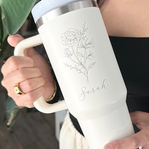 Personalized Birth Flower Tumbler With Handle Lid and Straw, Valentines day gifts, Bridesmaid Gifts, Gift for Her, Corporate Custom Logo image 4