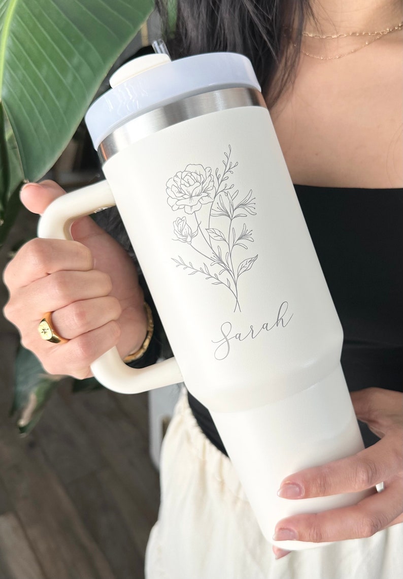 Personalized Birth Flower Tumbler With Handle Lid and Straw, Valentines day gifts, Bridesmaid Gifts, Gift for Her, Corporate Custom Logo image 4