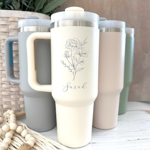 Personalized Birth Flower Tumbler With Handle Lid and Straw, Valentines day gifts, Bridesmaid Gifts, Gift for Her, Corporate Custom Logo image 2