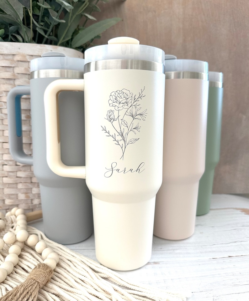 Personalized Birth Flower Tumbler With Handle Lid and Straw, Valentines day gifts, Bridesmaid Gifts, Gift for Her, Corporate Custom Logo image 2