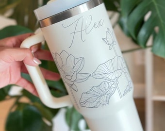 Personalized Yoga Lotus Flower Cup, 40oz Tumbler With Handle Lid and Straw, Insulated Engraved Cup, Gifts for Yoga Teacher, Gift For Yogi