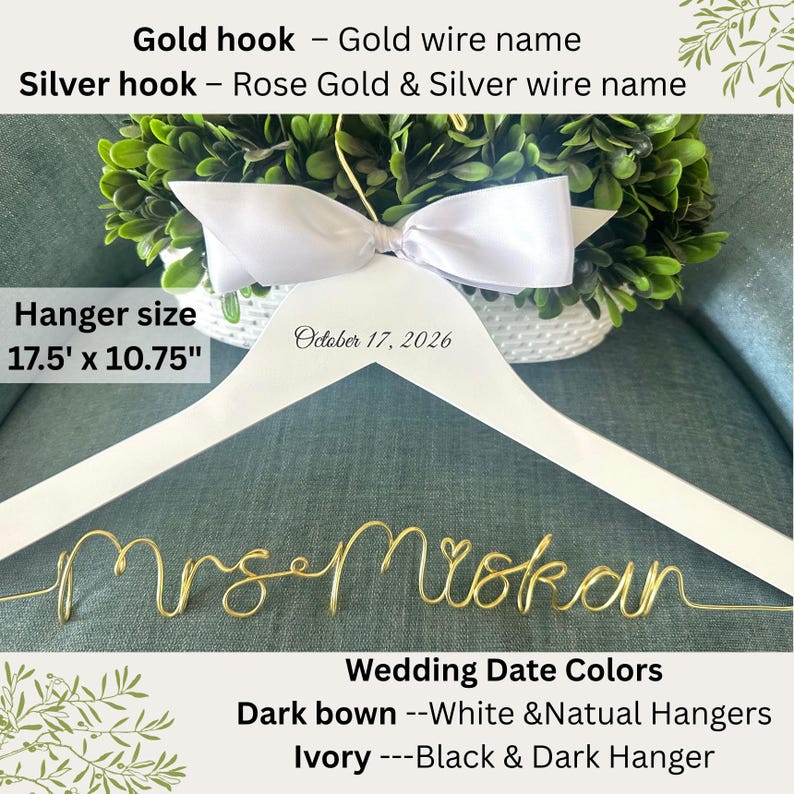 May include: A white wooden hanger with a gold wire name, "Mrs Mrokan." The hanger has a white bow and the date "October 17, 2026." The hanger size is 17.5" x 10.75".