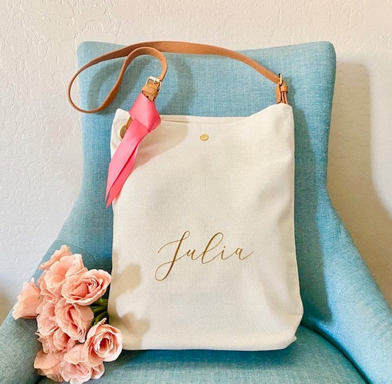 Custom Canvas Tote Bag, Personalized Tote Bag for Bridesmaids, Wedding Party Tote, Custom Name Teacher Gift, Adjustable Shoulder Strap