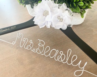 Wedding hanger, Bridal hanger, Personalized hanger, Unique engagement gift for a bride, Custom wire hanger, New last name Mrs hanger