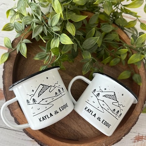 Personalized camp mug, Engagement gifts for couple mug, Wedding gift mountain enamel mug, Couple adventure gift, Custom anniversary gift