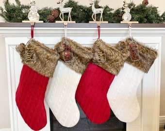 Cable Knit Christmas stockings with Fur pom pom, Personalized Wire Name Tags Stocking, Large Red and White Custom Stockings Xmas Decor