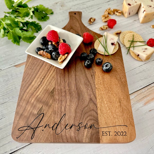 Personalized Cheese Board, Custom Charcuterie Cutting Boards with handle, Dark walnut cheese board, Wedding Gift, Housewarming Giftt