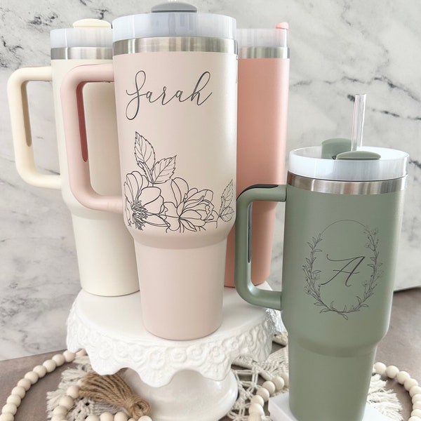 Personalized 40oz Tumbler With Handle Lid and Straw, Insulated Engraved Cup, Bridesmaid proposal, Gifts for Her, Corporate Custom Logo