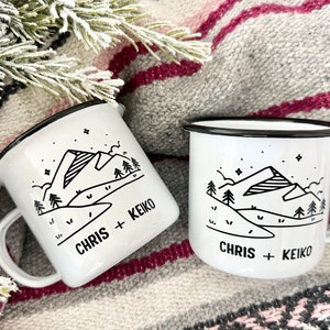 Personalized camp mug, Engagement gifts for couple mug, Wedding gift mountain enamel mug, Couple adventure gift, Custom anniversary gift