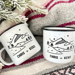 Personalized Camping Mug, Custom Enamel Travel Mug, Outdoor Coffee Mug, Adventure Mug for Couple, Eco-Friendly Hiking Mug, Unique Mountain,