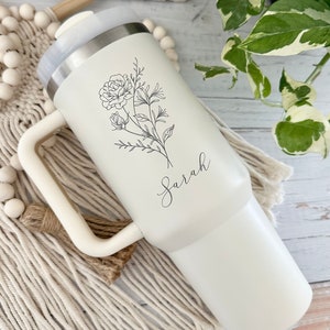Personalized Birth Flower Tumbler With Handle Lid and Straw, Valentines day gifts, Bridesmaid Gifts, Gift for Her, Corporate Custom Logo