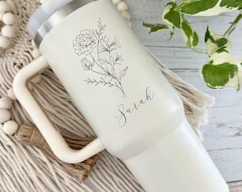 Personalized Birth Flower Tumbler With Handle Lid and Straw, Valentines day gifts, Bridesmaid Gifts, Gift for Her, Corporate Custom Logo