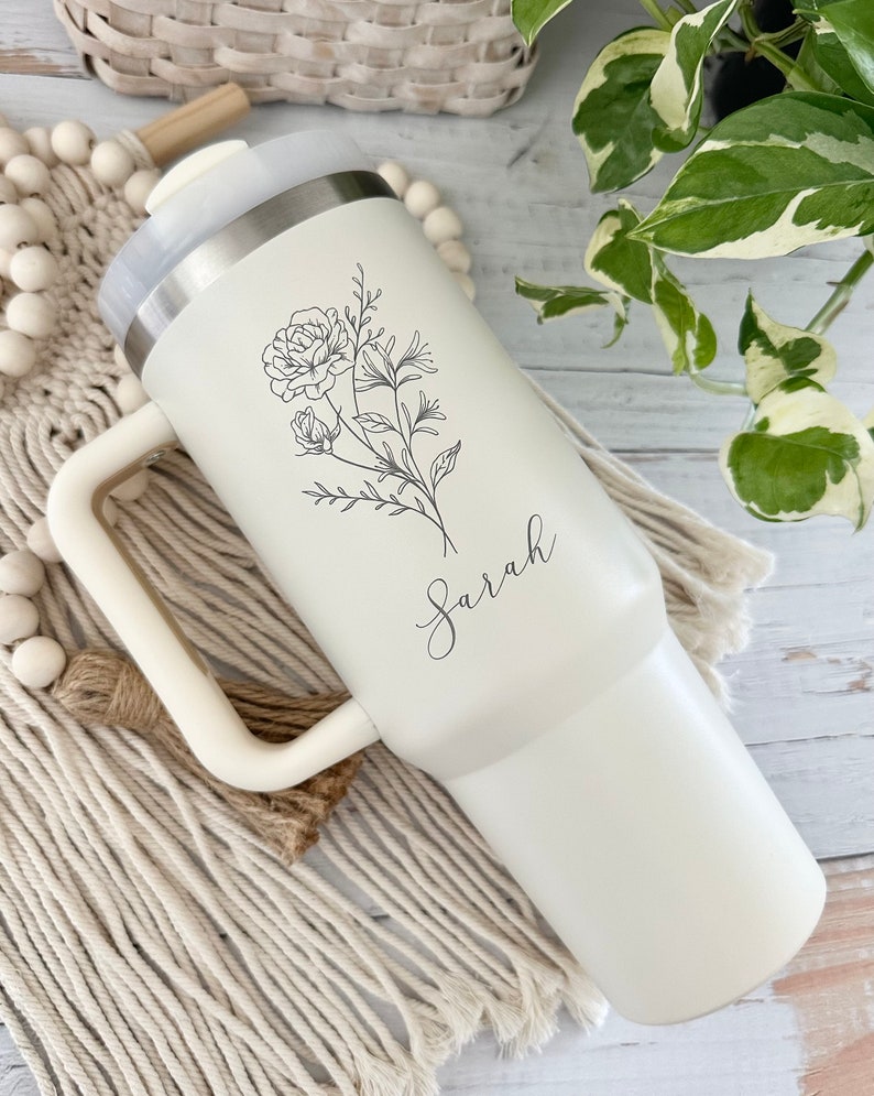 Personalized Birth Flower Tumbler With Handle Lid and Straw, Valentines day gifts, Bridesmaid Gifts, Gift for Her, Corporate Custom Logo image 1