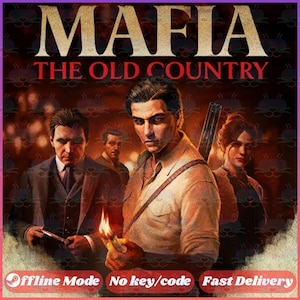 Puede incluir: Ilustración digital con el título "MAFIA THE OLD COUNTRY". La imagen muestra un grupo de personas, una de ellas sosteniendo un fósforo encendido. El fondo tiene un diseño oscuro y texturizado.