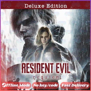 Könnte beinhalten: Deluxe Edition Cover-Art für "Resident Evil: Requiem" mit zwei Charakteren in einer regendurchfluteten Szene. Der Titel ist fett rot geschrieben. Das Banner unten lautet "Offline Mode" und "No key/code".