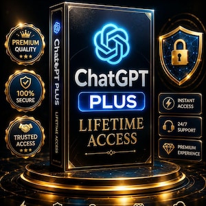 May include: A black box with gold trim and the words "ChatGPT PLUS LIFETIME ACCESS" in white and gold. The box has a blue neon logo and is surrounded by gold icons and text, including "100% SECURE" and "TRUSTED ACCESS."